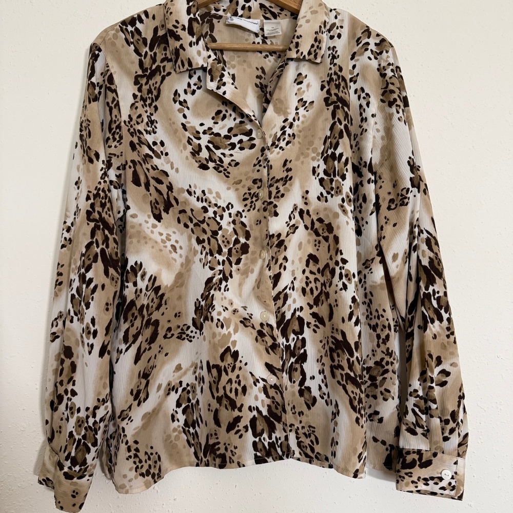 Alfred Dunner Tan Brown Animal Print‎ Button Down Long Sleeve Top Womens 16